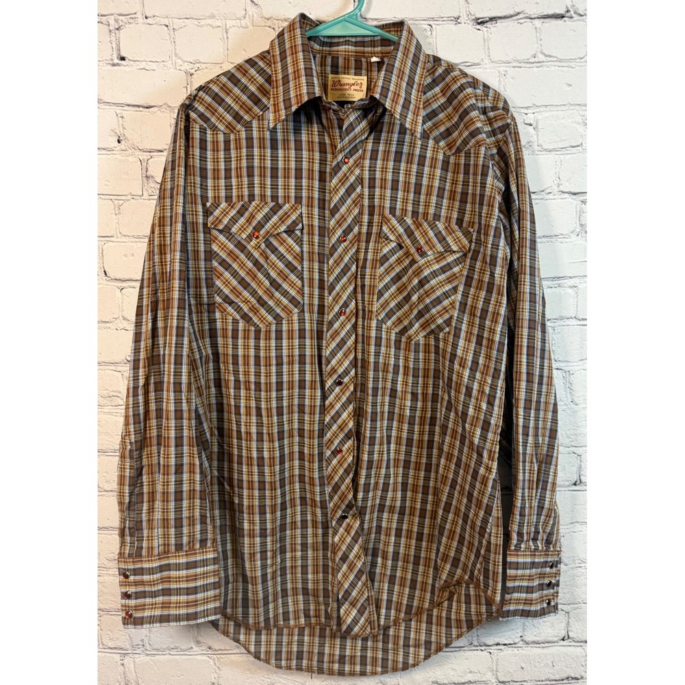 Vintage Wrangler Plaid Western‎ Shirt Long Sleeve Pearl Snap Button Front Brown